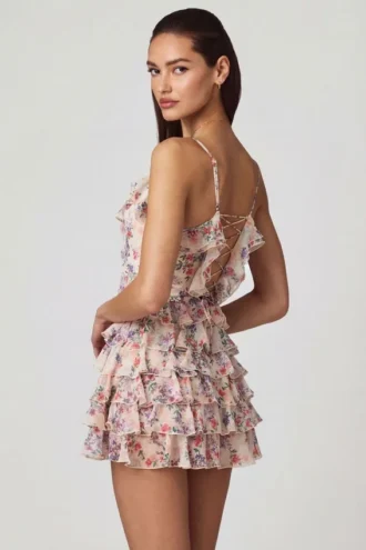 Rochie mini A-line cu volane și șireturi Lolina, cu imprimeu floral Primrose