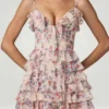 Rochie mini A-line cu volane și șireturi Lolina, cu imprimeu floral Primrose