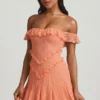 Rochie mini A-line din dantelă cu umeri decupați Nahida, culoare piersică