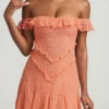 Rochie mini A-line din dantelă cu umeri decupați Nahida, culoare piersică