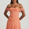 Rochie mini A-line din dantelă cu umeri decupați Nahida, culoare piersică