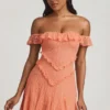 Rochie mini A-line din dantelă cu umeri decupați Nahida, culoare piersică