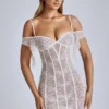 Rochie mini A-line din dantelă transparentă Eleonora, culoare ivoriu