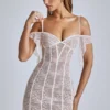 Rochie mini A-line din dantelă transparentă Eleonora, culoare ivoriu