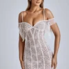 Rochie mini A-line din dantelă transparentă Eleonora, culoare ivoriu