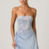 Rochie mini A-line fără bretele, cu drapaj și ornamente, Eden, în albastru cer