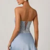 Rochie mini A-line fără bretele, cu drapaj și ornamente, Eden, în albastru cer