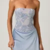 Rochie mini A-line fără bretele, cu drapaj și ornamente, Eden, în albastru cer