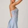 Rochie mini A-line fără bretele, cu drapaj și ornamente, Eden, în albastru cer