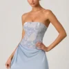 Rochie mini A-line fără bretele, cu drapaj și ornamente, Eden, în albastru cer