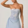 Rochie mini A-line fără bretele, cu drapaj și ornamente, Eden, în albastru cer