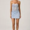 Rochie mini A-line fără bretele, cu drapaj și ornamente, Eden, în albastru cer