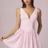 Rochie mini A-line Marissa cu detaliu fundă, cu dungi mov deschis