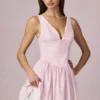 Rochie mini A-line Marissa cu detaliu fundă, cu dungi mov deschis