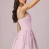 Rochie mini A-line Marissa cu detaliu fundă, cu dungi mov deschis