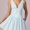 Rochie mini A-line Marissa cu detaliu fundă, în dungi albastru pudră