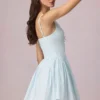 Rochie mini A-line Marissa cu detaliu fundă, în dungi albastru pudră