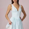 Rochie mini A-line Marissa cu detaliu fundă, în dungi albastru pudră