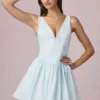Rochie mini A-line Marissa cu detaliu fundă, în dungi albastru pudră