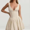 Rochie mini A-line Sabina cu detaliu fundă din broderie englezească, culoare ivoriu