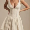 Rochie mini A-line Sabina cu detaliu fundă din broderie englezească, culoare ivoriu