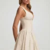 Rochie mini A-line Sabina cu detaliu fundă din broderie englezească, culoare ivoriu
