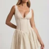 Rochie mini A-line Sabina cu detaliu fundă din broderie englezească, culoare ivoriu