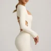 Rochie mini Akari cu decupaje și detalii cu perle, în culoarea ivoriu
