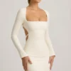 Rochie mini Akari cu decupaje și detalii cu perle, în culoarea ivoriu