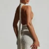 Rochie mini albă cu gât halter și detalii de eșarfă, Henrietta Rochie mini albă cu gât halter și detalii de eșarfă, Henrietta