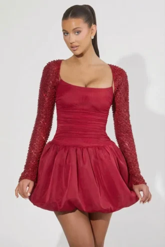 Rochie mini Aletta cu tiv bufant și decorațiuni, roșie Rochie mini Aletta cu tiv bufant și decorațiuni, roșie
