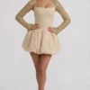 Rochie mini Aletta cu tiv bufant și ornamente, în culoarea auriu