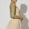 Rochie mini Aletta cu tiv bufant și ornamente, în culoarea auriu