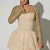 Rochie mini Aletta cu tiv bufant și ornamente, în culoarea auriu