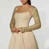 Rochie mini Aletta cu tiv bufant și ornamente, în culoarea auriu
