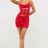 Rochie mini Aniela din jersey elastic cu decupaje și detalii cu trandafiri, în roșu stacojiu