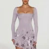 Rochie mini asimetrică cu aplicații Lumiki, în nuanța liliac