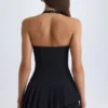 Rochie mini asimetrică cu gât halter și straturi Rosaria, negru