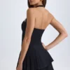 Rochie mini asimetrică cu gât halter și straturi Rosaria, negru