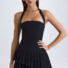 Rochie mini asimetrică cu gât halter și straturi Rosaria, negru