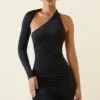 Rochie mini asimetrică cu volane și spate decupat Alina, negru Rochie mini asimetrică cu volane și spate decupat Alina, negru