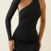 Rochie mini asimetrică cu volane și spate decupat Alina, negru Rochie mini asimetrică cu volane și spate decupat Alina, negru