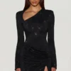 Rochie mini asimetrică mulată cu ornamente Nevina, negru Rochie mini asimetrică mulată cu ornamente Nevina, negru