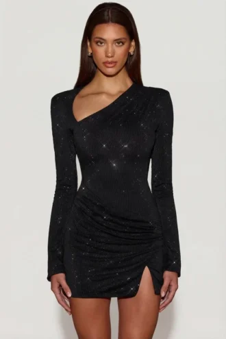 Rochie mini asimetrică mulată cu ornamente Nevina, negru