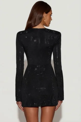 Rochie mini asimetrică mulată cu ornamente Nevina, negru