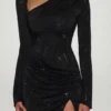 Rochie mini asimetrică mulată cu ornamente Nevina, negru Rochie mini asimetrică mulată cu ornamente Nevina, negru