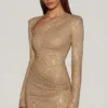 Rochie mini asimetrică mulată Nevina cu ornamente, în culoarea aurie