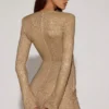 Rochie mini asimetrică mulată Nevina cu ornamente, în culoarea aurie