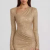 Rochie mini asimetrică mulată Nevina cu ornamente, în culoarea aurie