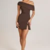 Rochie mini asimetrică în linie A din modal Suhana, culoare maro ciocolată